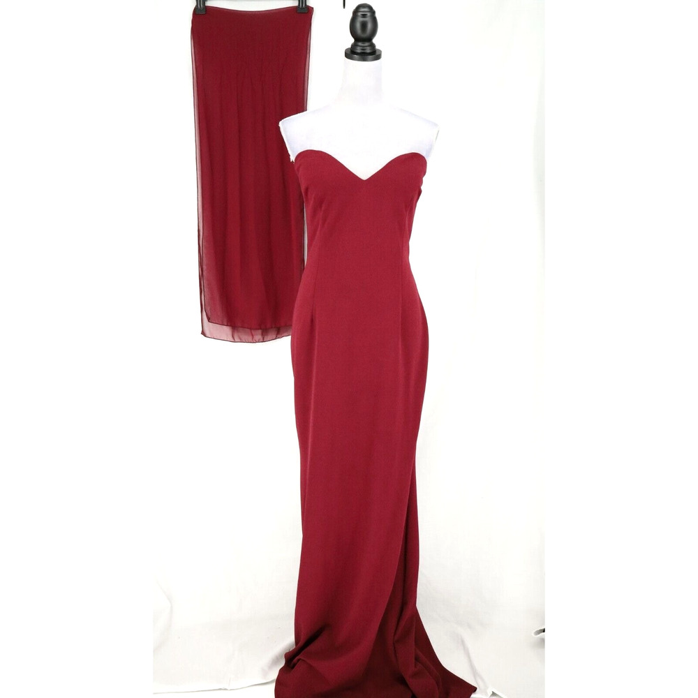 Katie May Gown Dress Womens 16 Burgundy Strapless Sheer Scarf Runs Small